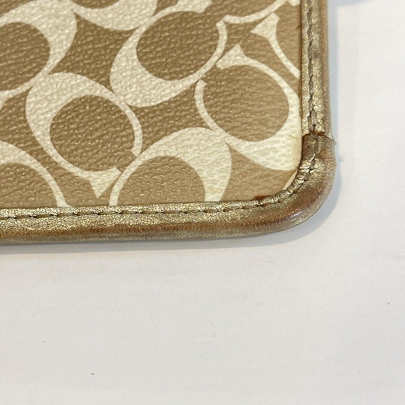 Coach Signature Logo Stripe Coin Purse Pouch Key Chain Change Gold Tan Wallet - - Picture 3 of 14